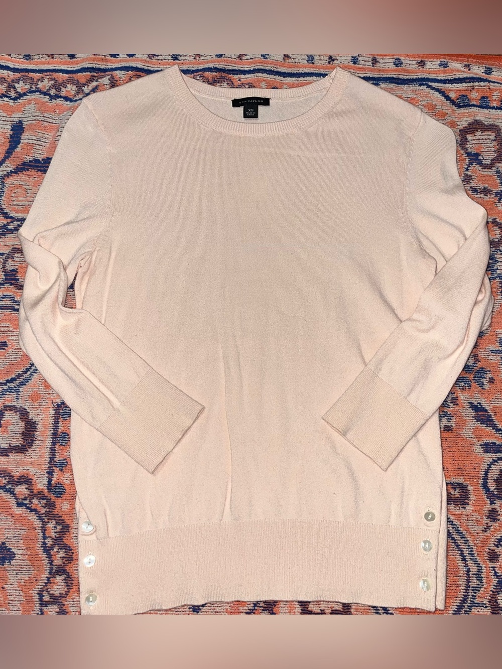 Ann Taylor Soft Peach Crewneck 3/4 Sleeve Sweater with Side Buttons